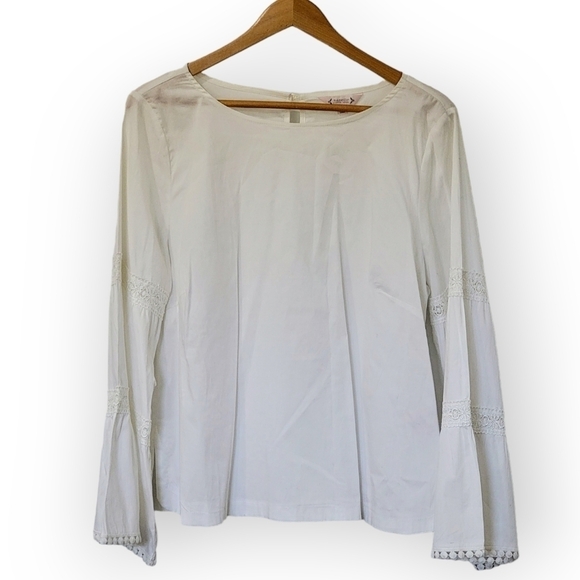 Nannette Lepore White Peasant Top Eyelette Lace Bell Sleeves Size Large - Picture 16 of 16